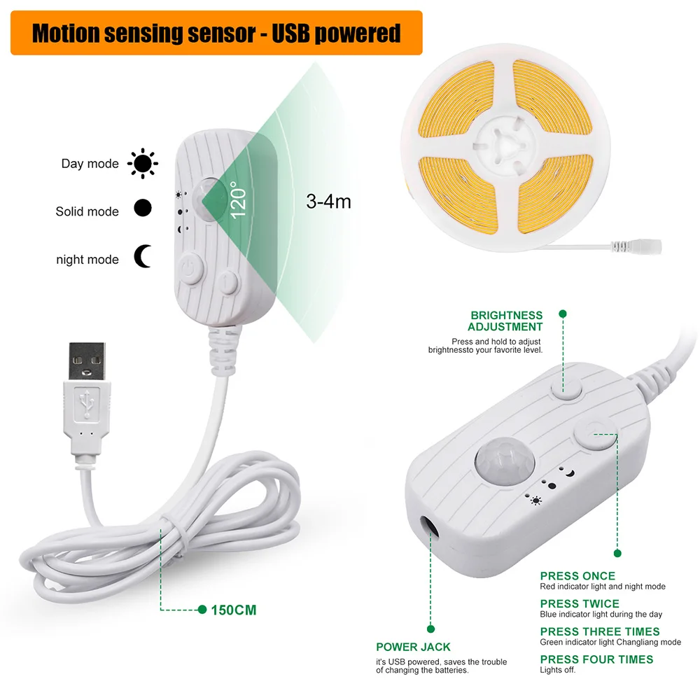 Motion Sensor 5V Led COB Light Strip Battery Usb Powered Auto ON/OFF Liner Lighting Diode for Cabinet Wardrobe Kitchen Staircase