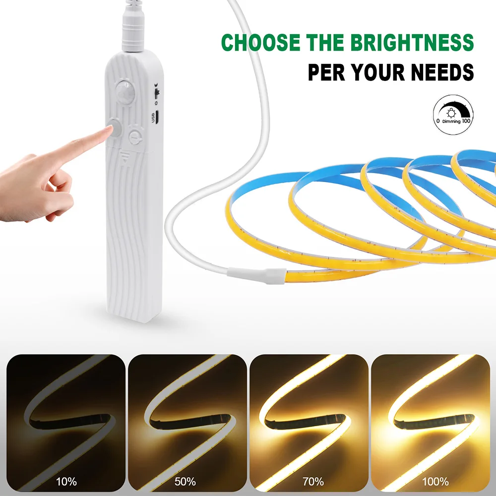 Motion Sensor 5V Led COB Light Strip Battery Usb Powered Auto ON/OFF Liner Lighting Diode for Cabinet Wardrobe Kitchen Staircase