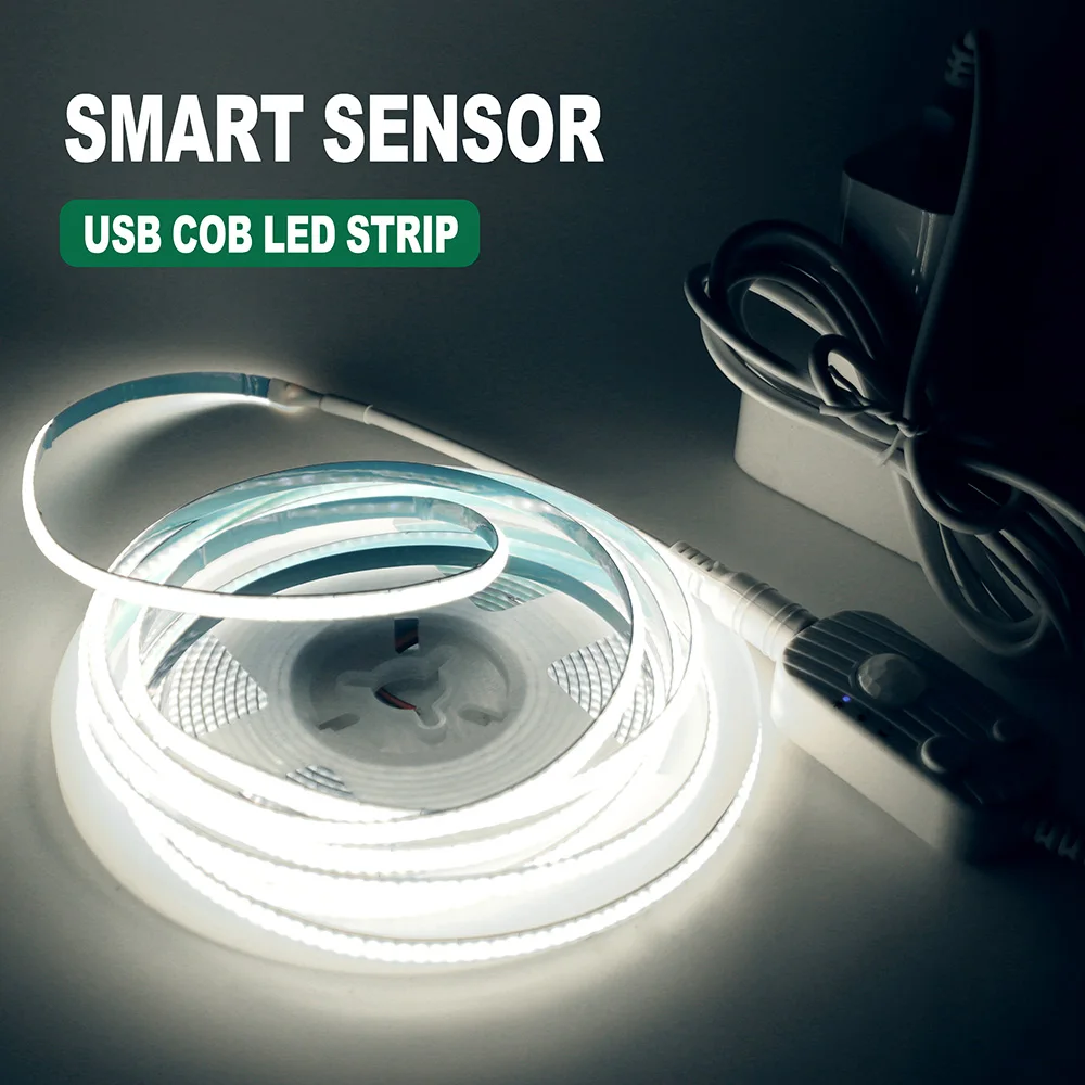 Motion Sensor 5V Led COB Light Strip Battery Usb Powered Auto ON/OFF Liner Lighting Diode for Cabinet Wardrobe Kitchen Staircase