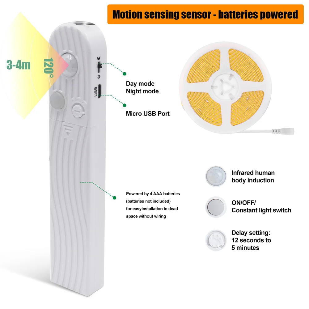 Motion Sensor 5V Led COB Light Strip Battery Usb Powered Auto ON/OFF Liner Lighting Diode for Cabinet Wardrobe Kitchen Staircase