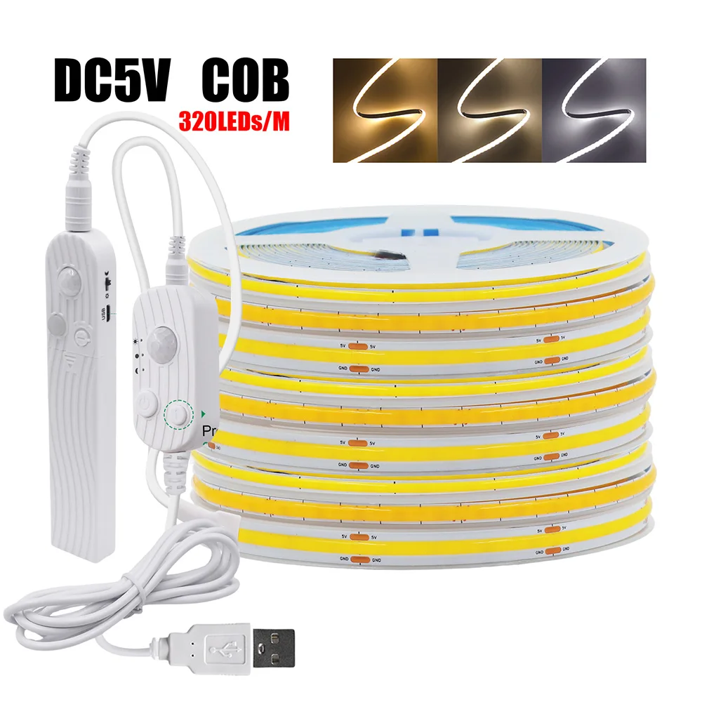 Motion Sensor 5V Led COB Light Strip Battery Usb Powered Auto ON/OFF Liner Lighting Diode for Cabinet Wardrobe Kitchen Staircase
