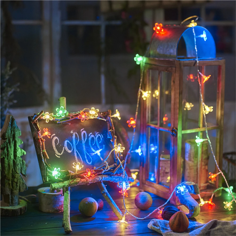 Cherry Blossom Flower Garland Lamp USB Operated LED String Fairy Lights Crystal Flowers Indoor Wedding Christmas Decors