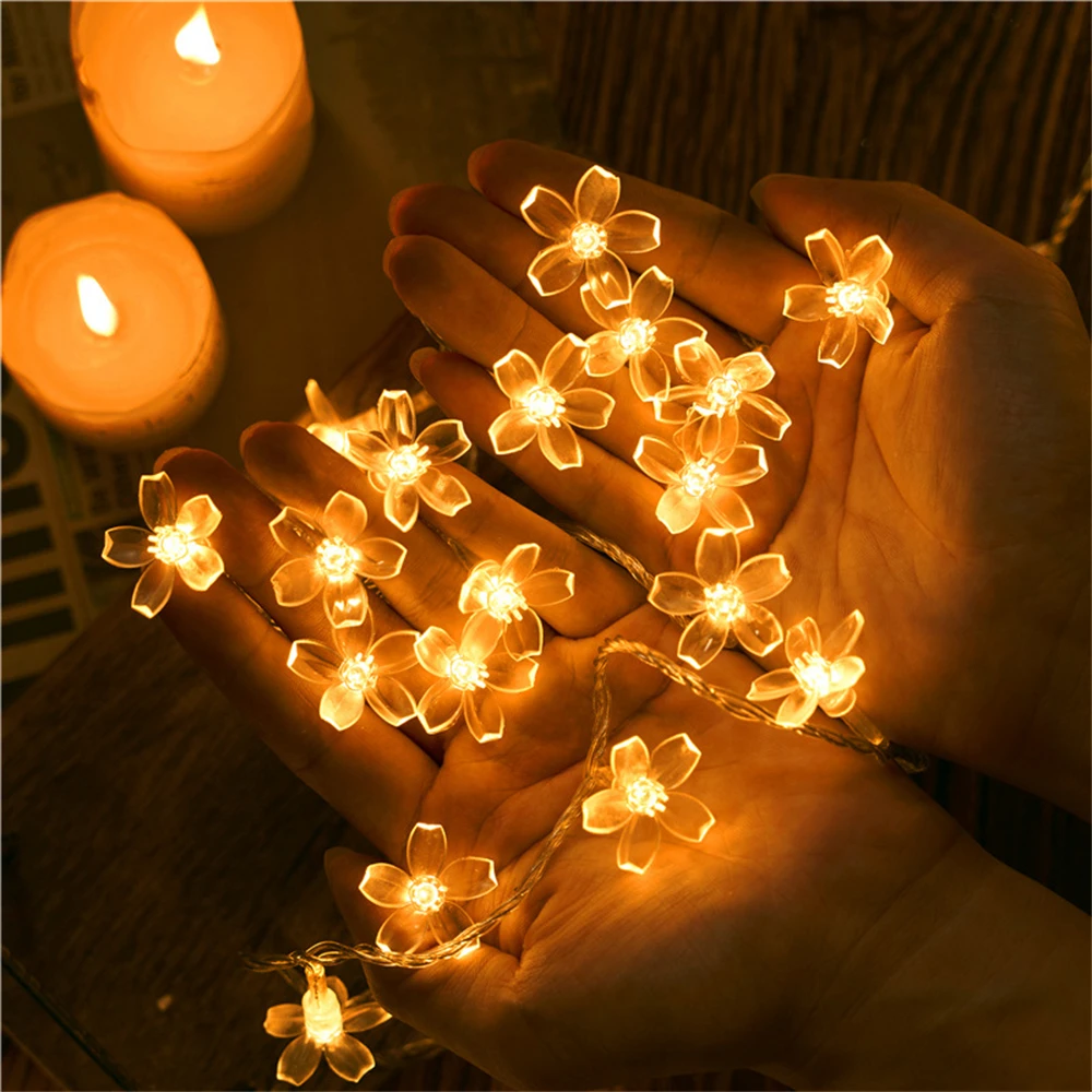 Cherry Blossom Flower Garland Lamp USB Operated LED String Fairy Lights Crystal Flowers Indoor Wedding Christmas Decors