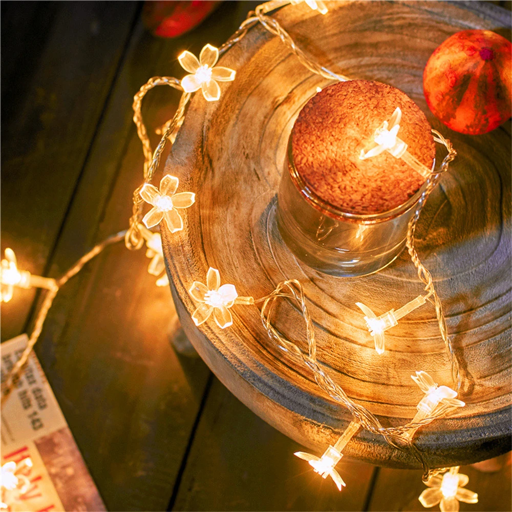 Cherry Blossom Flower Garland Lamp USB Operated LED String Fairy Lights Crystal Flowers Indoor Wedding Christmas Decors