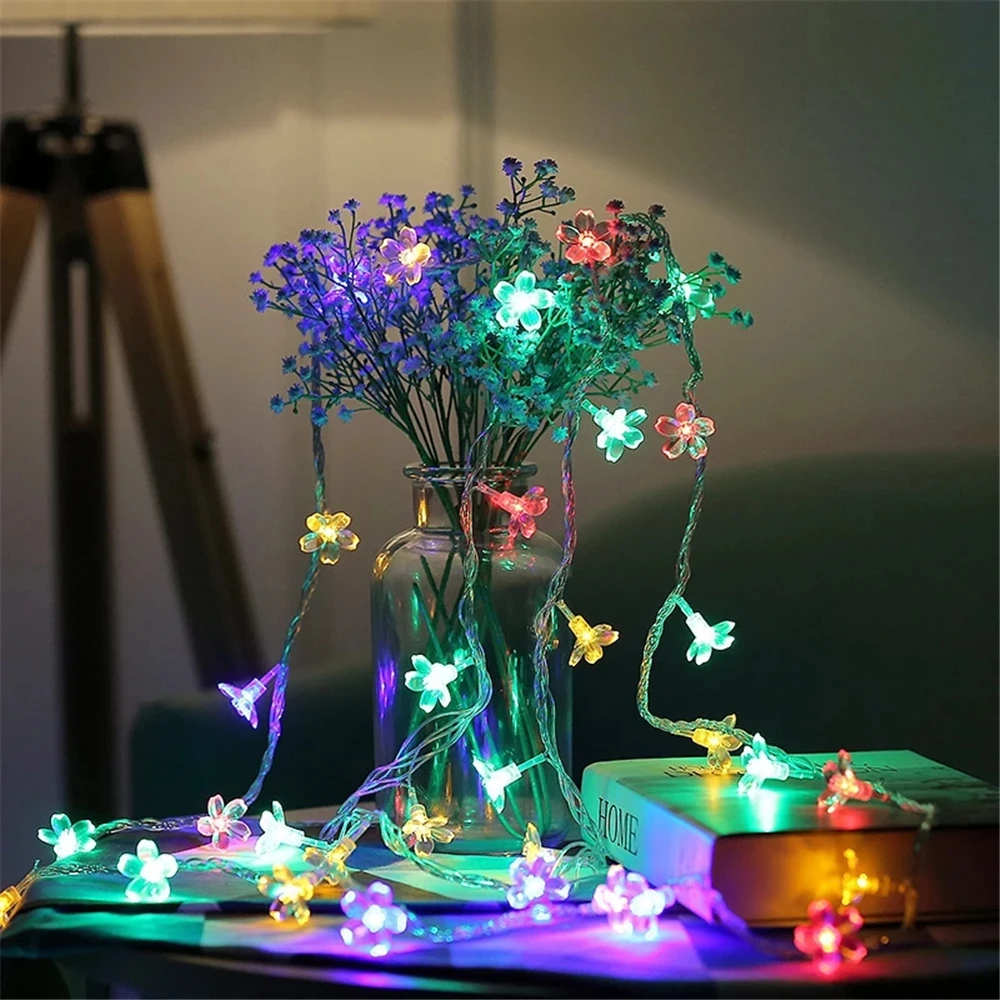 Cherry Blossom Flower Garland Lamp USB Operated LED String Fairy Lights Crystal Flowers Indoor Wedding Christmas Decors