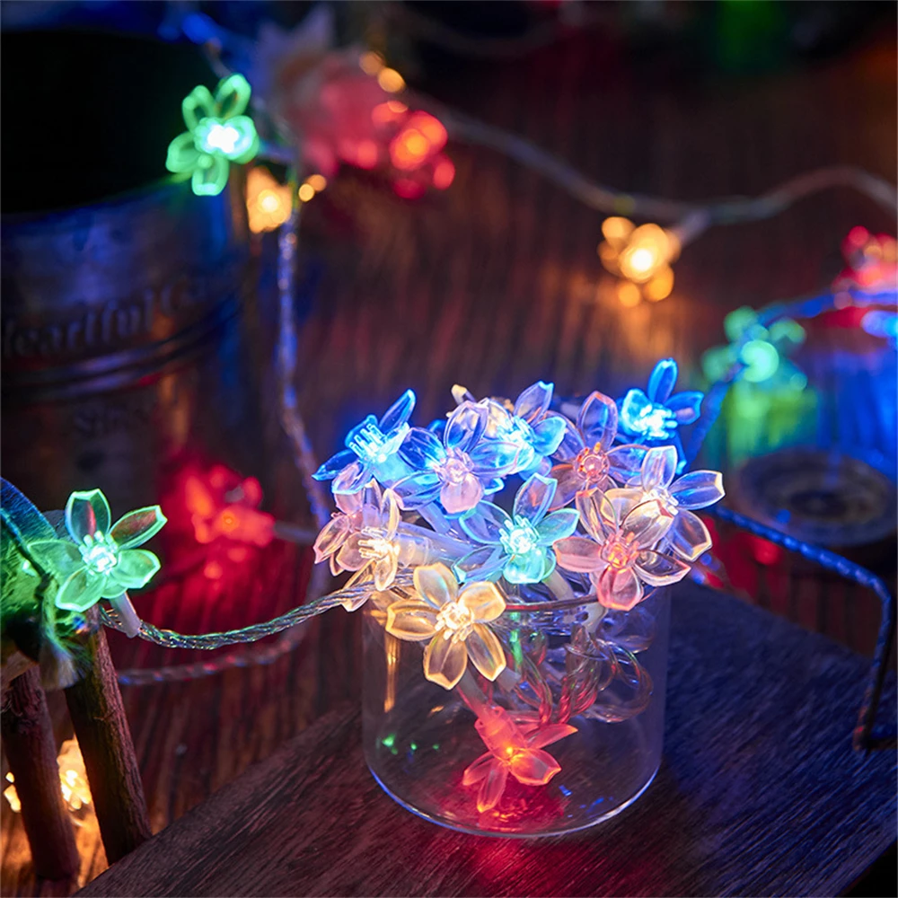 Cherry Blossom Flower Garland Lamp USB Operated LED String Fairy Lights Crystal Flowers Indoor Wedding Christmas Decors