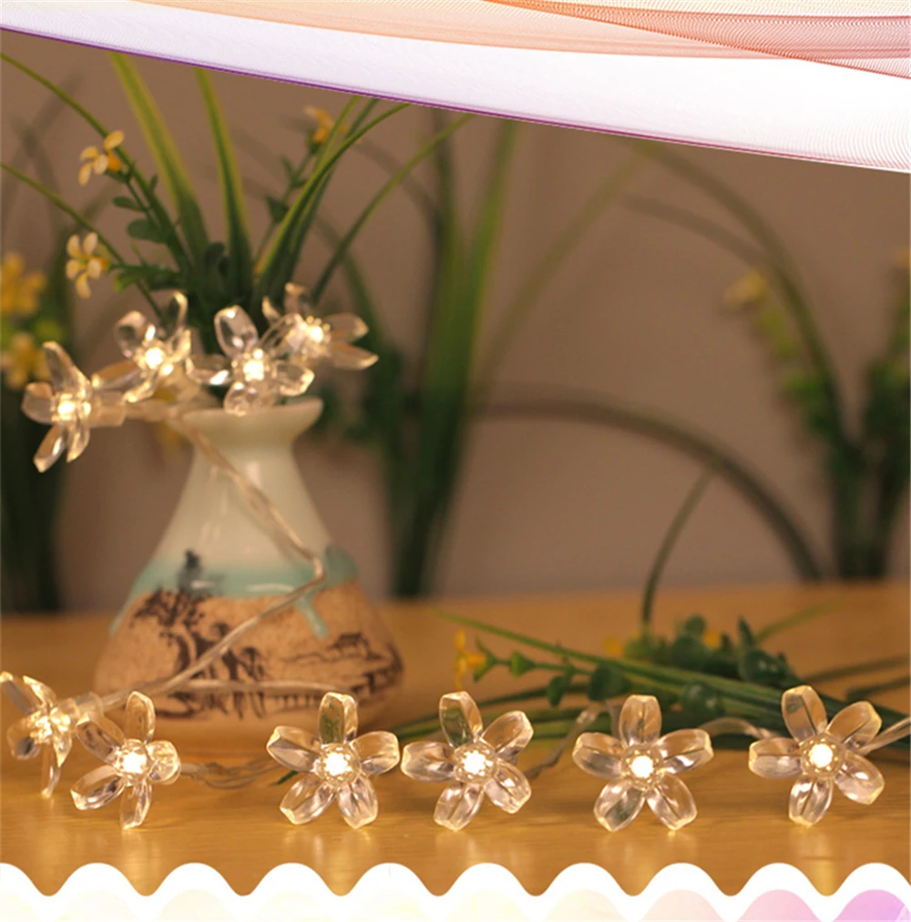 Cherry Blossom Flower Garland Lamp USB Operated LED String Fairy Lights Crystal Flowers Indoor Wedding Christmas Decors