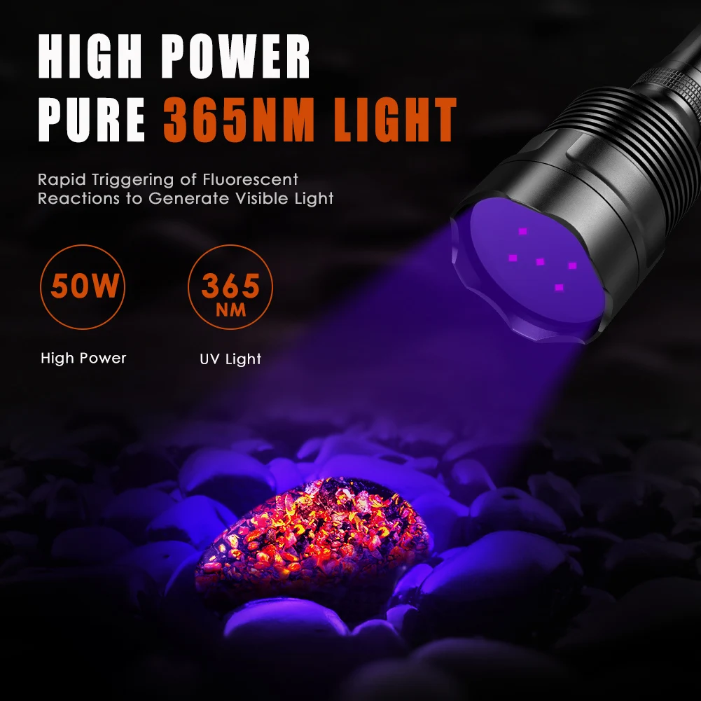 UniqueFire 50W UV500 365NM Black Light LED Flashlight High Power and Long Range Grade Beam Best for Professional/Commercial Use