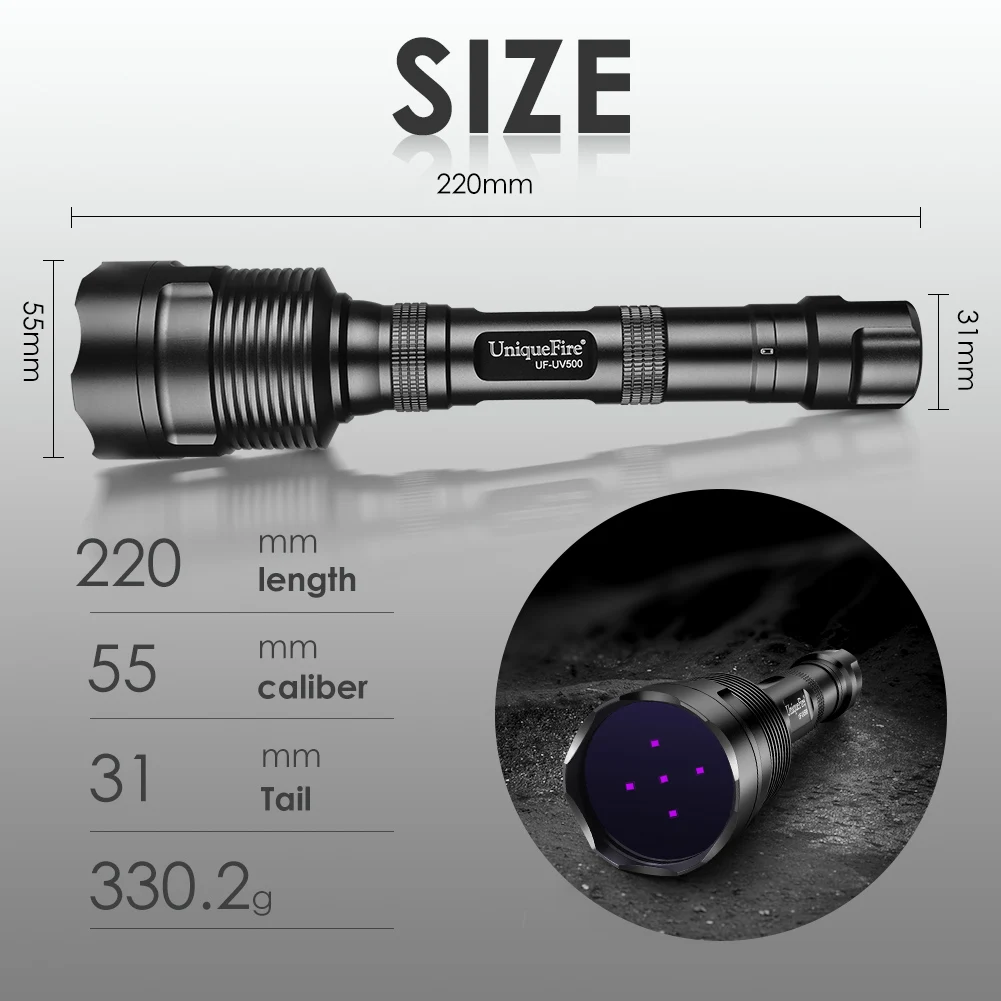 UniqueFire 50W UV500 365NM Black Light LED Flashlight High Power and Long Range Grade Beam Best for Professional/Commercial Use
