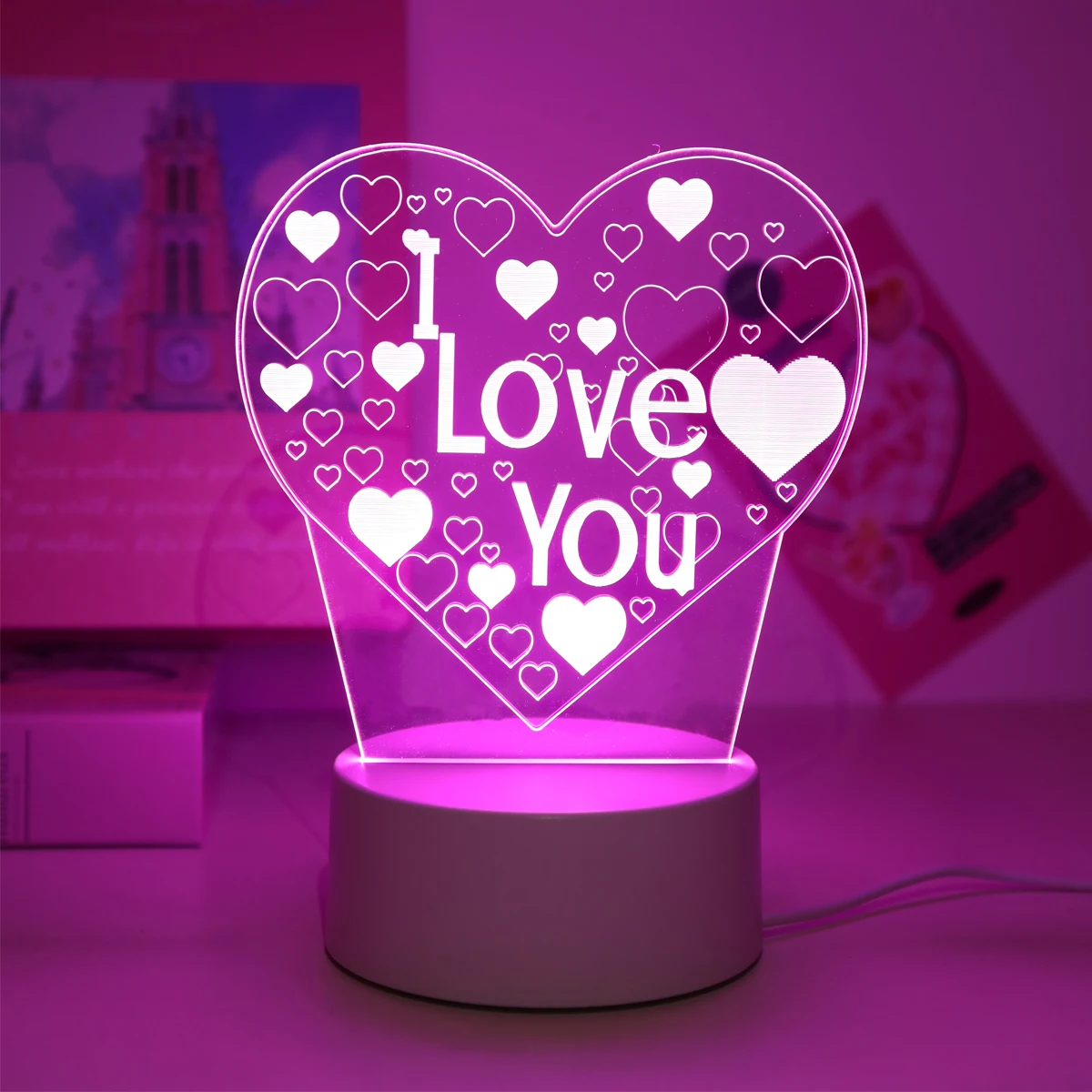 Pink Romantic Confession I LOVE YOU 3D Night Light Gift Light for Lovers, Bedroom Decoration Atmosphere Light