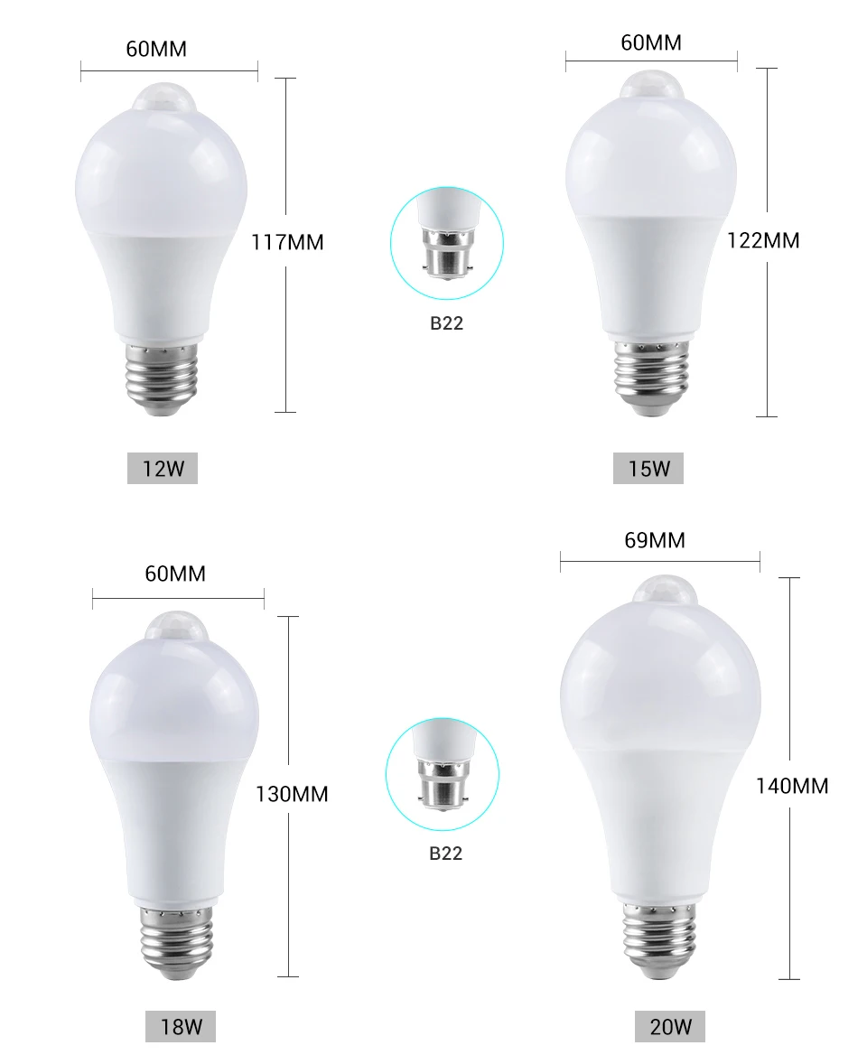 AC 85-265V 12W 15W 18W 20W B22 E27 Motion Sensor LED Light Bulb Human Infrared Sensing LED Lamp Auto ON/OFF Night Light for Home