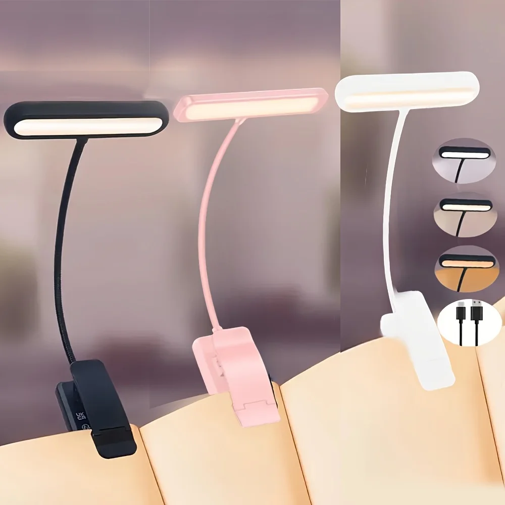 1 pcs USB Rechargeable Book Light 3 Color Adjustable LED Reading Lamp with Clamp Eye-Care Night Light for Bed, Study Desk