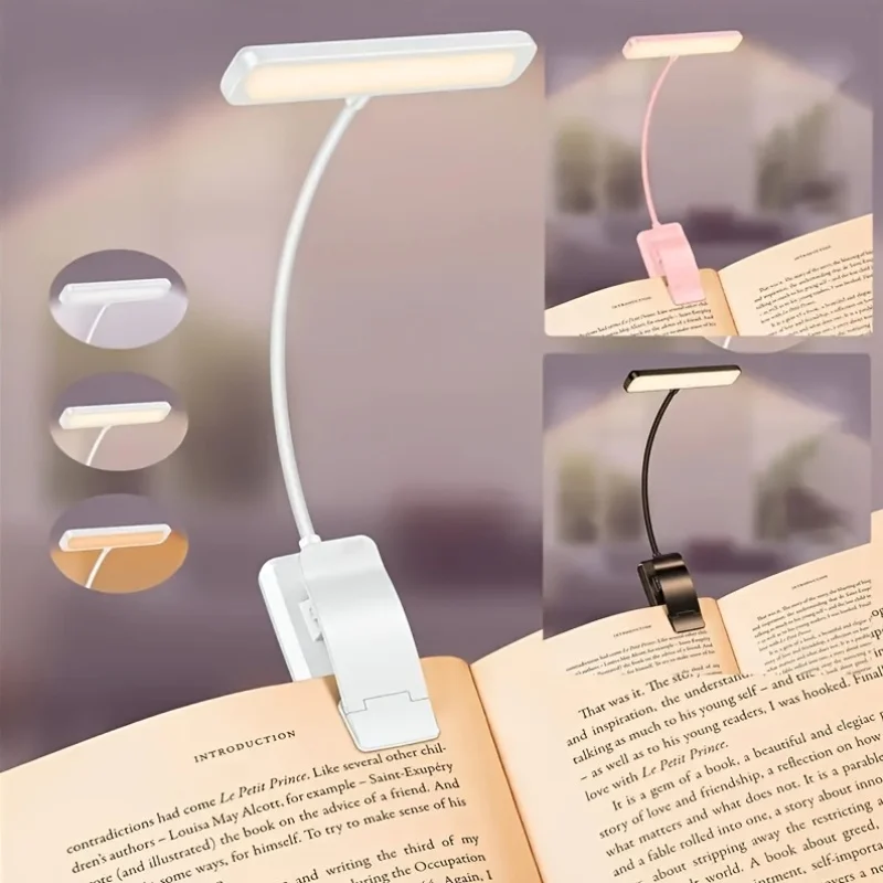 1 pcs USB Rechargeable Book Light 3 Color Adjustable LED Reading Lamp with Clamp Eye-Care Night Light for Bed, Study Desk