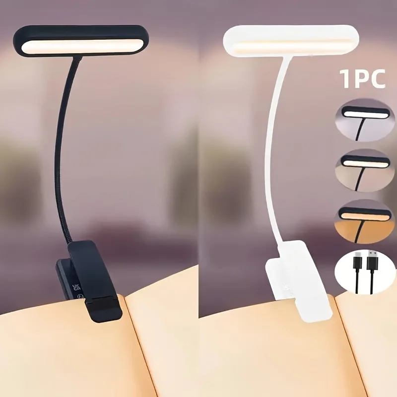 1 pcs USB Rechargeable Book Light 3 Color Adjustable LED Reading Lamp with Clamp Eye-Care Night Light for Bed, Study Desk