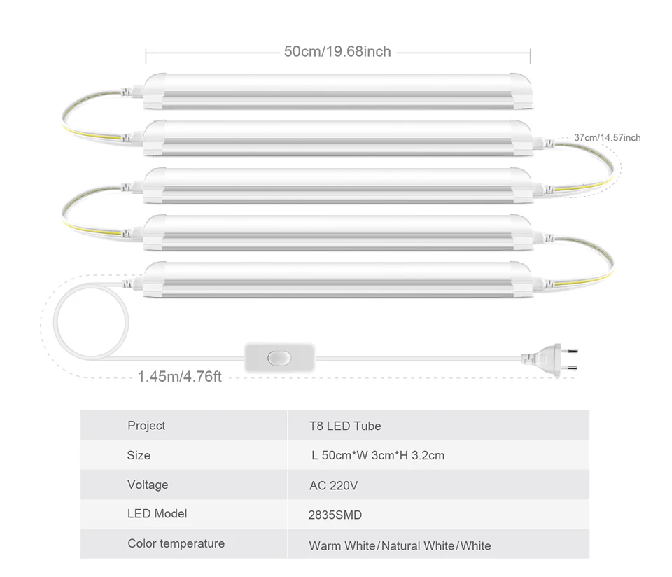Supper Brightness 25W T8 LED Tube Light 50cm Aluminium Bar Lamp Bulbs 110V 220V Use in Kitchen Cabinet Warehouse Garage Lighting