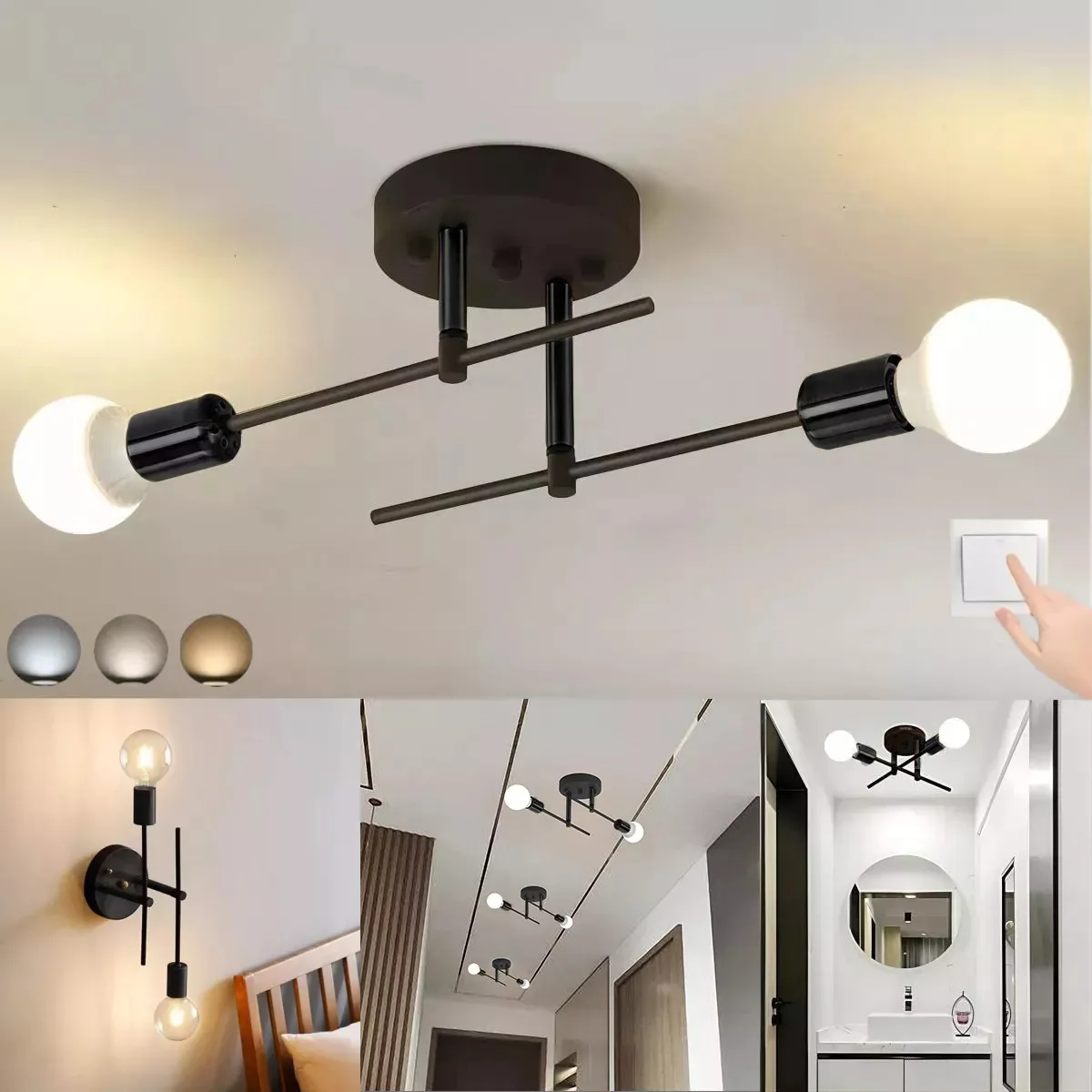 Nordic Simple Living Room Ceiling Light 2 Lamps Modern Long Iron Arm Ceiling Light for Bedroom Dining Room Kitchen E27 AC85-265v