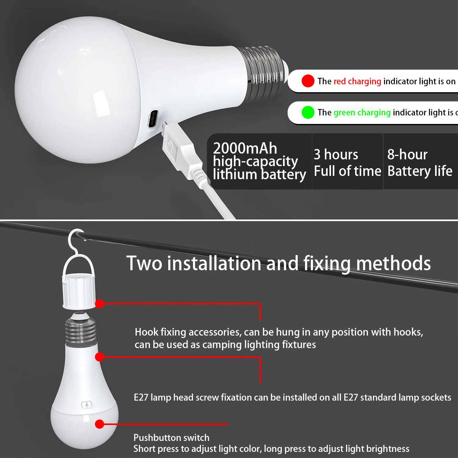 Rechargeable Battery Operated A19 Light Bulb with Remote Control Dimmable, 15 Colors Selectable & 3 Timer, Non-Hardwired
