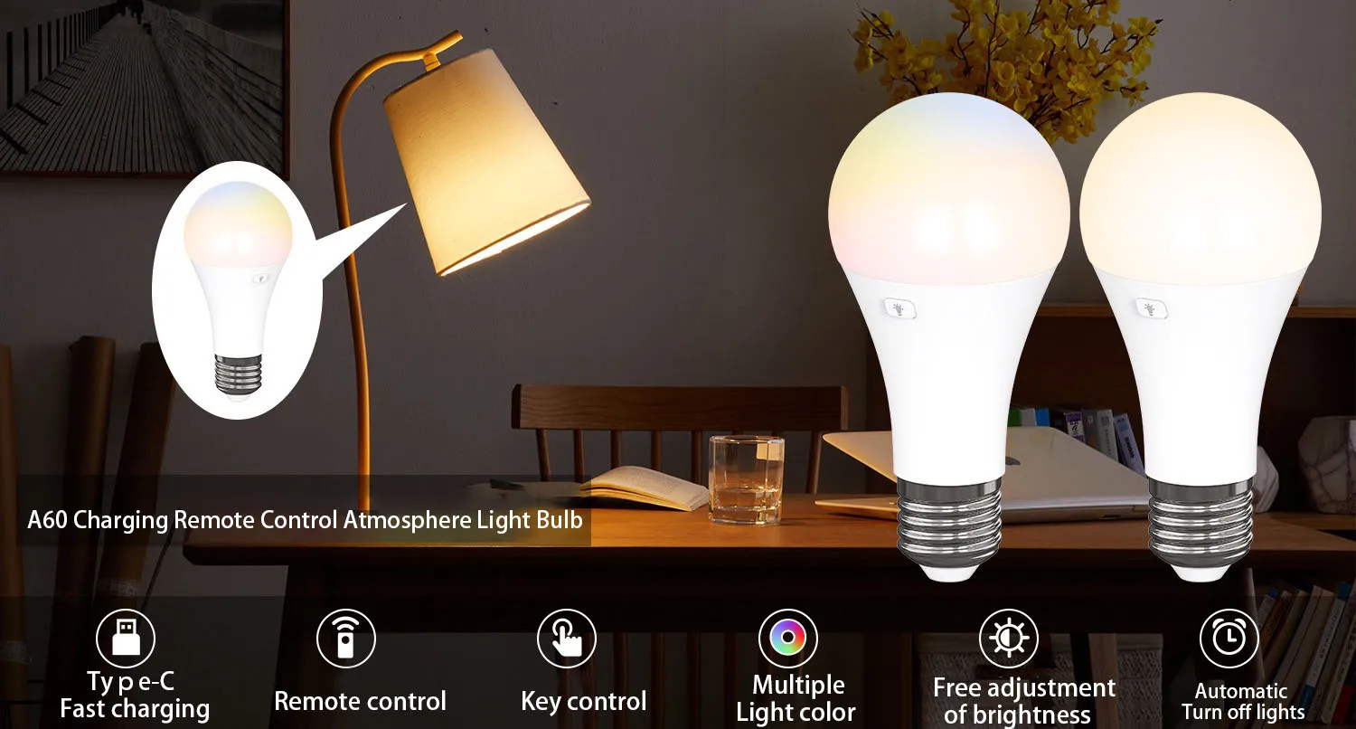 Rechargeable Battery Operated A19 Light Bulb with Remote Control Dimmable, 15 Colors Selectable & 3 Timer, Non-Hardwired