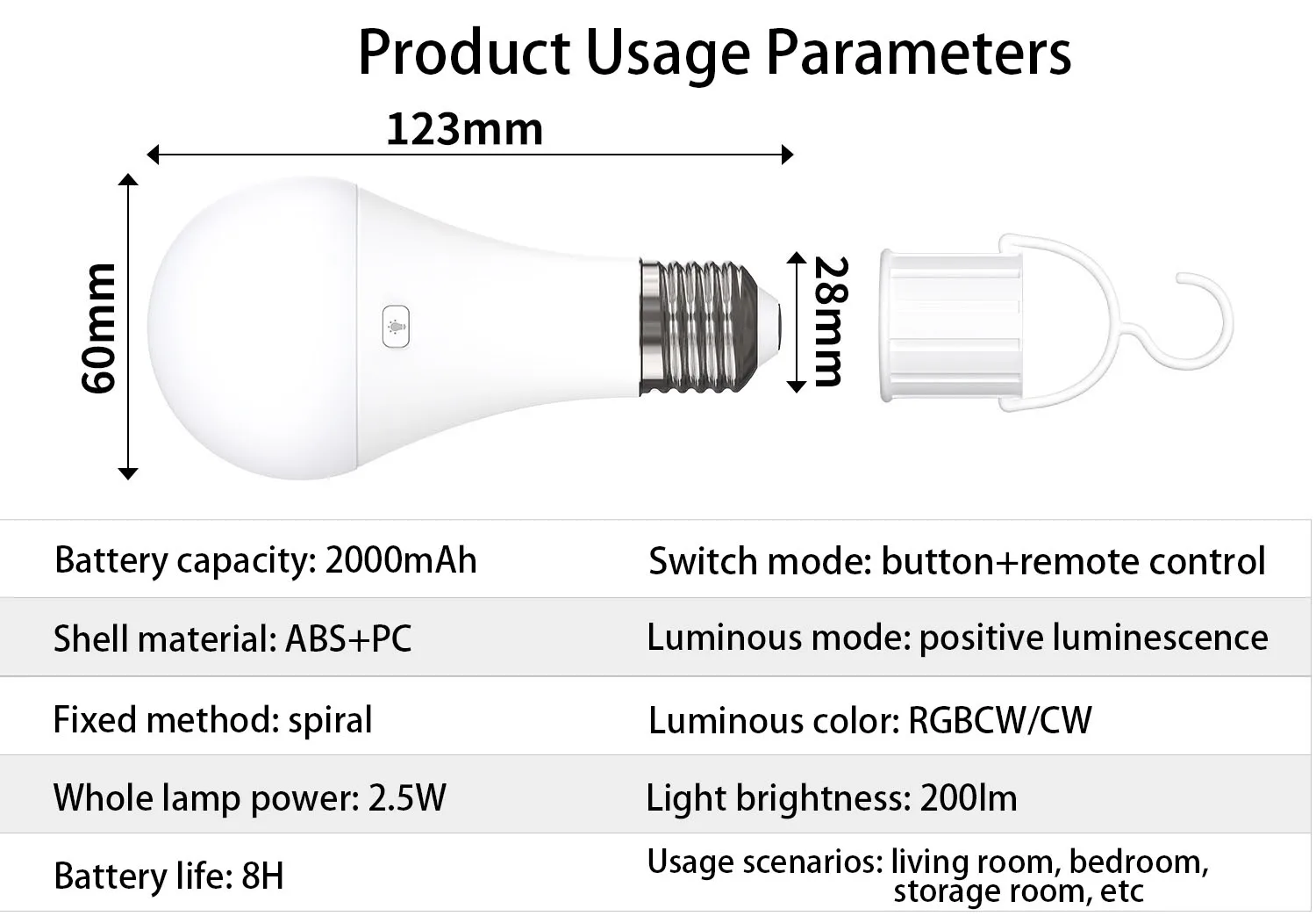 Rechargeable Battery Operated A19 Light Bulb with Remote Control Dimmable, 15 Colors Selectable & 3 Timer, Non-Hardwired