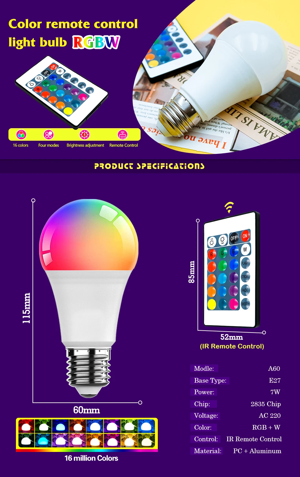 LED RGB Light Bulb AC 220V 230V E27 Lampas LED 7W IR Remote Control Changeable Colorful RGBW Led Lamp Spotlight Bulb
