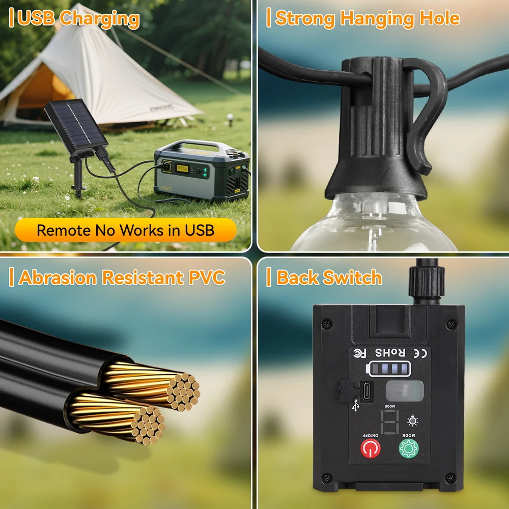Outdoor Solar LED String Lights Remote Control Camping Tent Waterproof Fairy Lights Pergola Garden Solar String Light Decoration