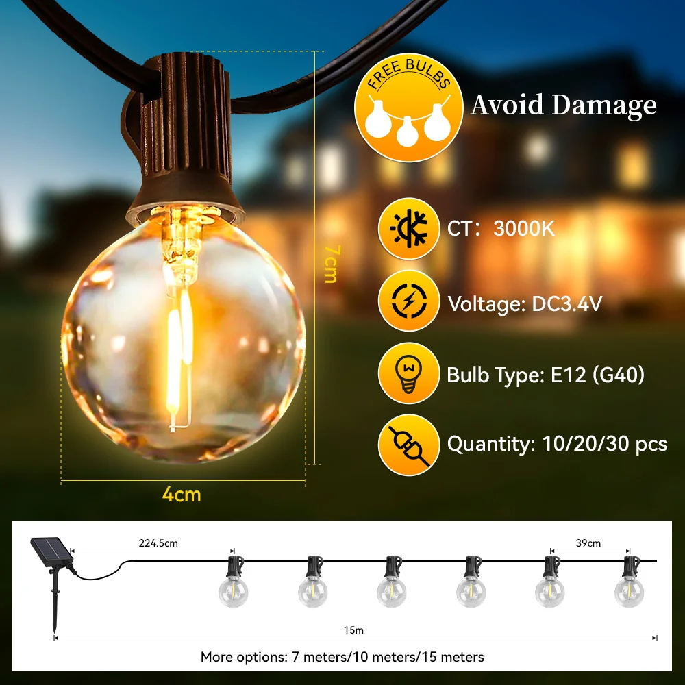 Outdoor Solar LED String Lights Remote Control Camping Tent Waterproof Fairy Lights Pergola Garden Solar String Light Decoration