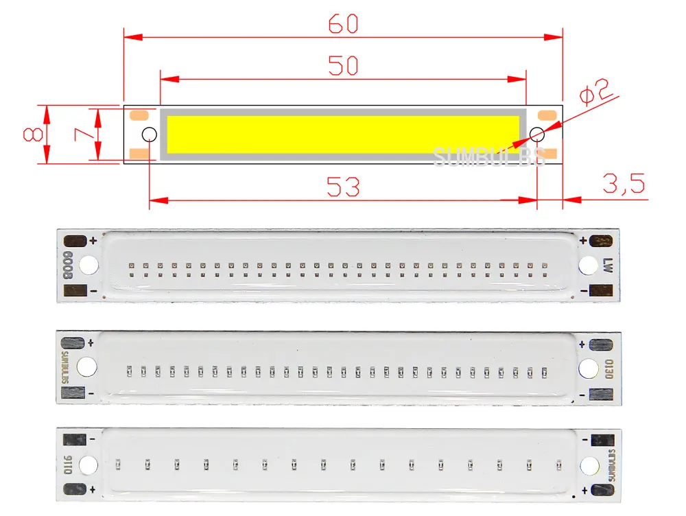SUMBULBS Hot Sale 3V 3.7V DC 60mm 8mm LED Strip 1.5W 3W Warm Cold White Blue Red COB Light Source for DIY Bicycle Work Lamp