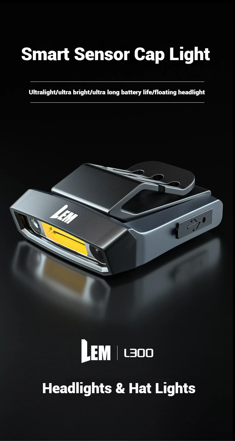 LEM COB Headlight Rechargeable Ultralight USB Head Flashlight 180lm Clip on Hat Light Motion Sensor Headlamp for Fishing Camping