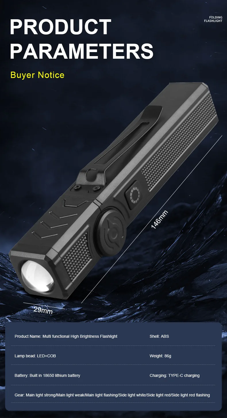 Powerful COB Flashlight Handheld Folding Lamp Camping Working Torch with Magnet Car Inspection Outdoor Red Warning Flash Lights