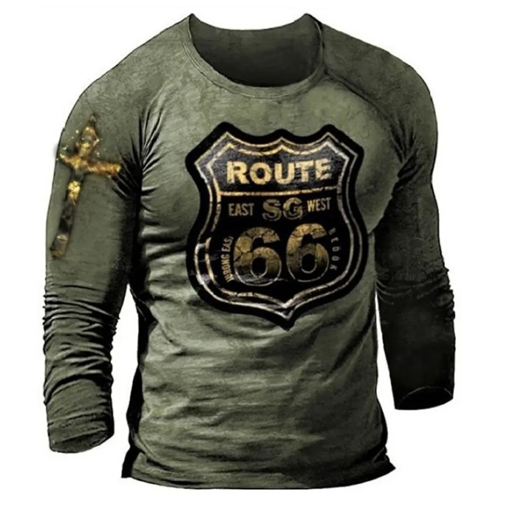 3D Print Fall T-Shirt Vintage Men's T Shirt Long Sleeve Top Tees USA Route 66 Letter Graphic Oversized Loose Clothing 5XL
