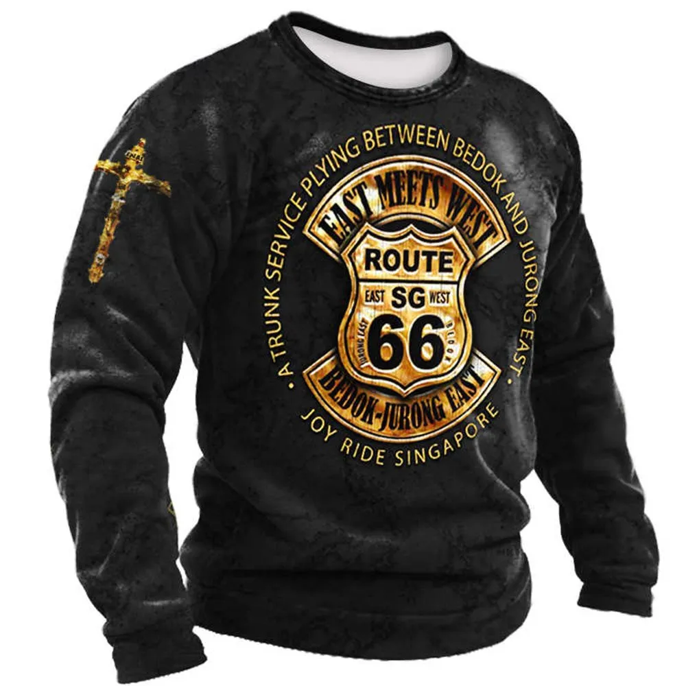 3D Print Fall T-Shirt Vintage Men's T Shirt Long Sleeve Top Tees USA Route 66 Letter Graphic Oversized Loose Clothing 5XL