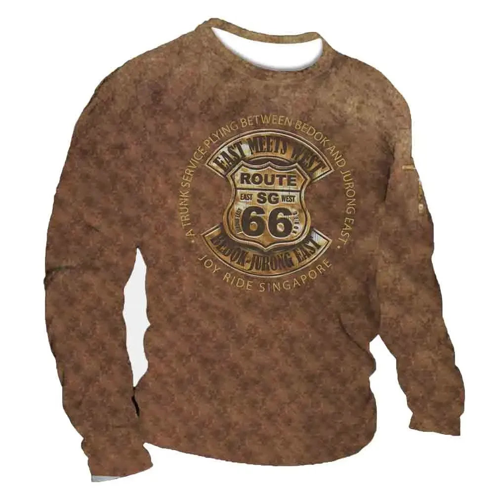 3D Print Fall T-Shirt Vintage Men's T Shirt Long Sleeve Top Tees USA Route 66 Letter Graphic Oversized Loose Clothing 5XL