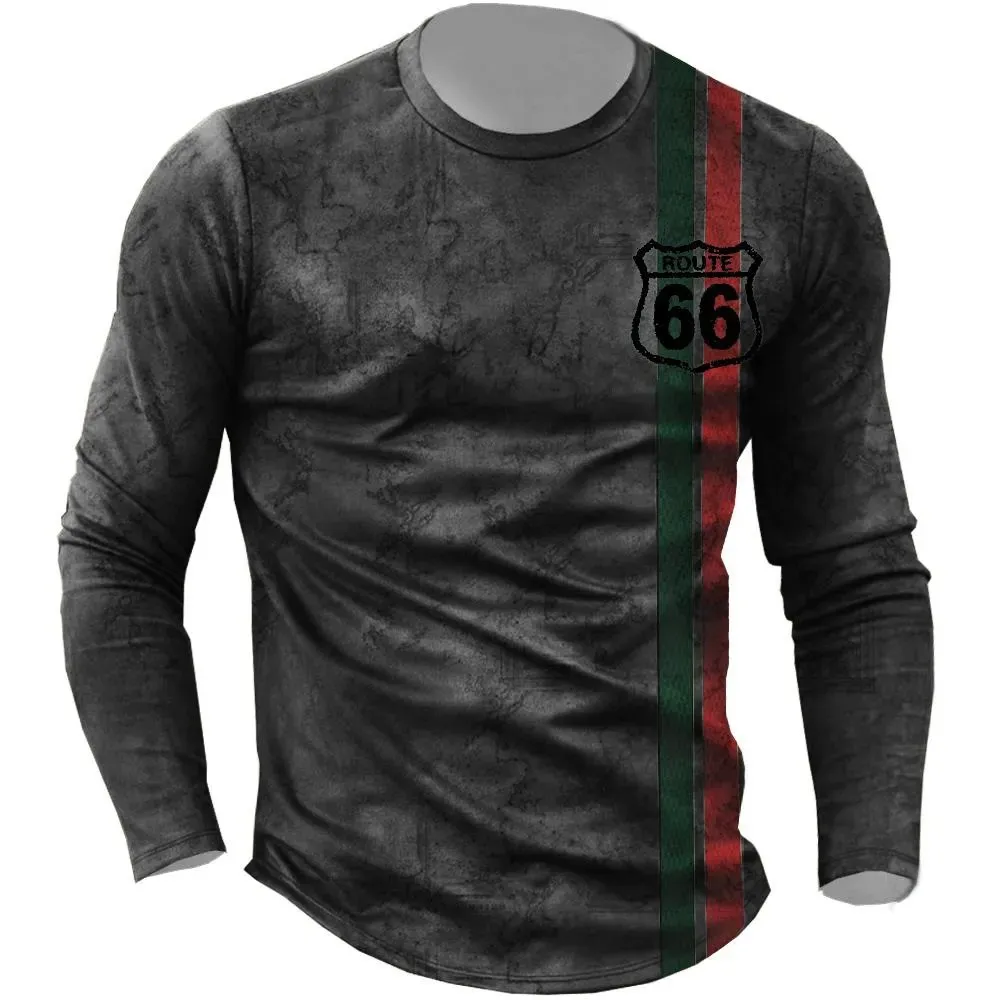3D Print Fall T-Shirt Vintage Men's T Shirt Long Sleeve Top Tees USA Route 66 Letter Graphic Oversized Loose Clothing 5XL