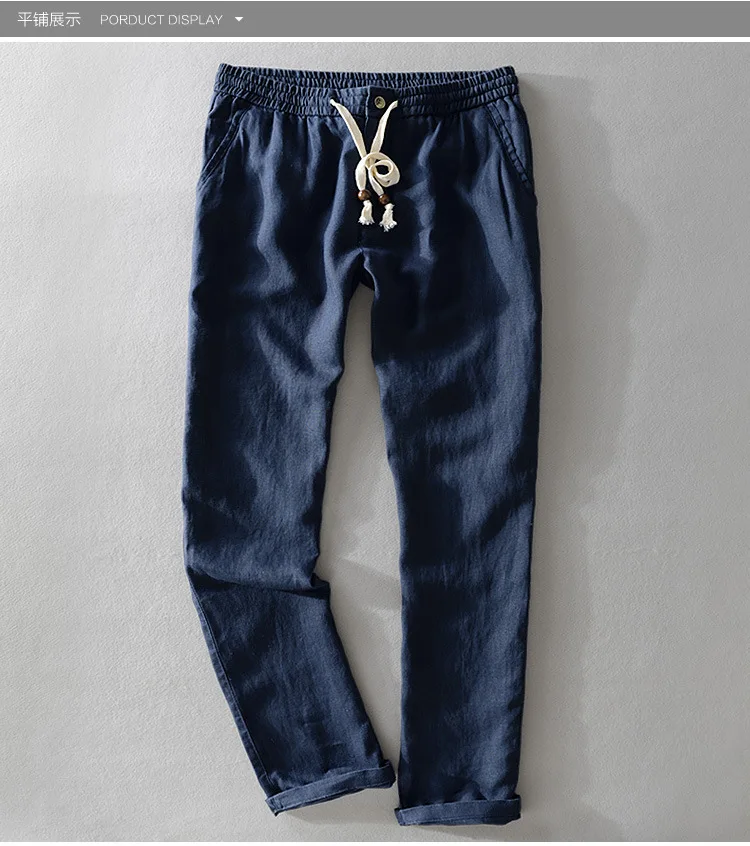 New Men's Linen Trousers Straight Tube Rope Solid Color Casual Linen Trousers Men Breathable