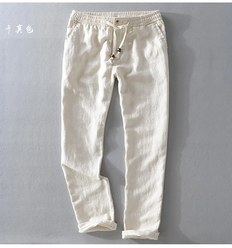 New Men's Linen Trousers Straight Tube Rope Solid Color Casual Linen Trousers Men Breathable