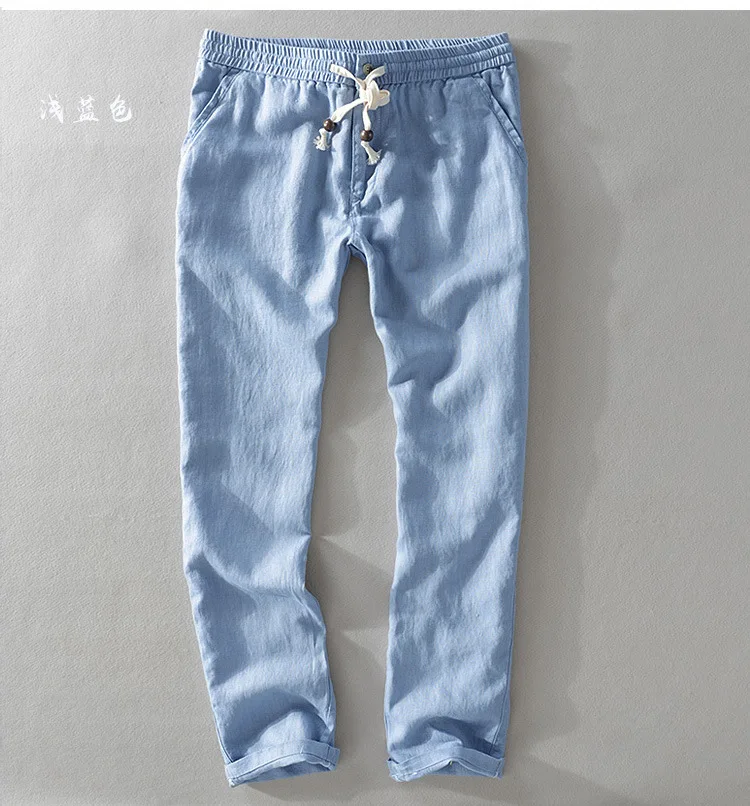 New Men's Linen Trousers Straight Tube Rope Solid Color Casual Linen Trousers Men Breathable
