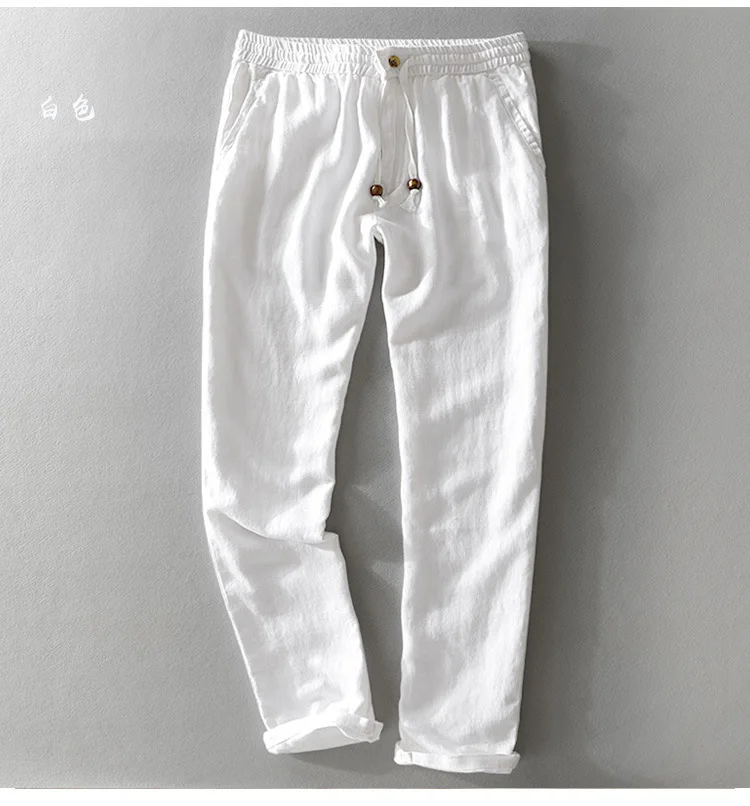 New Men's Linen Trousers Straight Tube Rope Solid Color Casual Linen Trousers Men Breathable