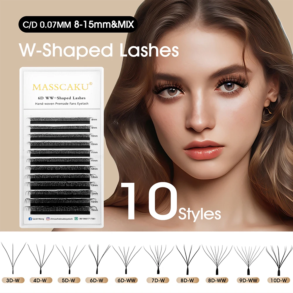 Wholesale MASSCAKU 10cases/lot 0.07mm Thickness Waterproof W Design Eyelashes Wispy Handmade Premade Volume Fans Eyelash Bundles