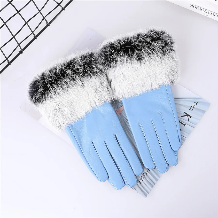 New Arrival Wholesale Women's Real Sheepskin Leather Gloves With Rabbit Fur Cuffs Female Cycling Warm Gloves Fleece Lining