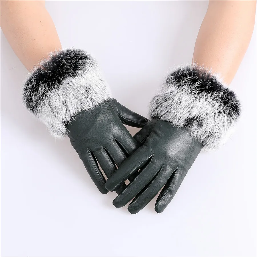 New Arrival Wholesale Women's Real Sheepskin Leather Gloves With Rabbit Fur Cuffs Female Cycling Warm Gloves Fleece Lining