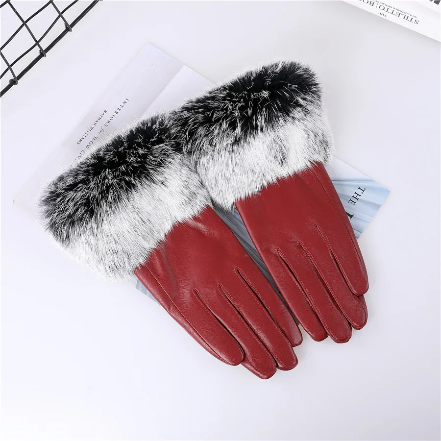 New Arrival Wholesale Women's Real Sheepskin Leather Gloves With Rabbit Fur Cuffs Female Cycling Warm Gloves Fleece Lining