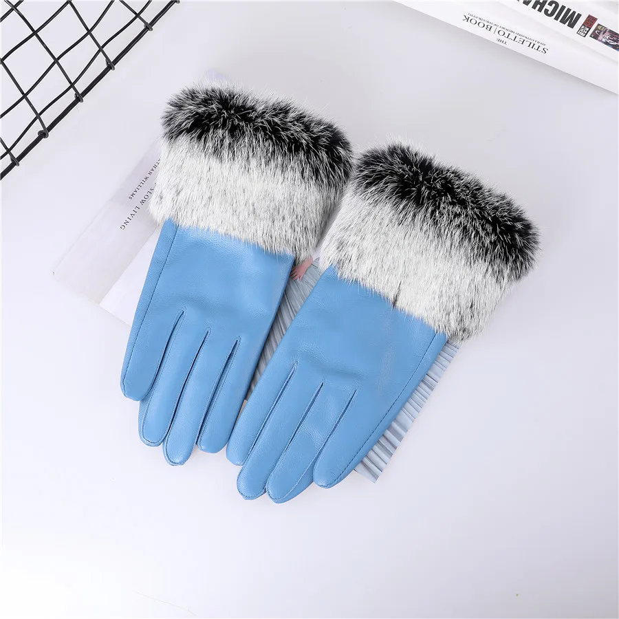New Arrival Wholesale Women's Real Sheepskin Leather Gloves With Rabbit Fur Cuffs Female Cycling Warm Gloves Fleece Lining