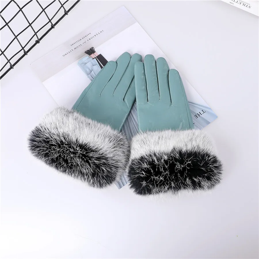 New Arrival Wholesale Women's Real Sheepskin Leather Gloves With Rabbit Fur Cuffs Female Cycling Warm Gloves Fleece Lining
