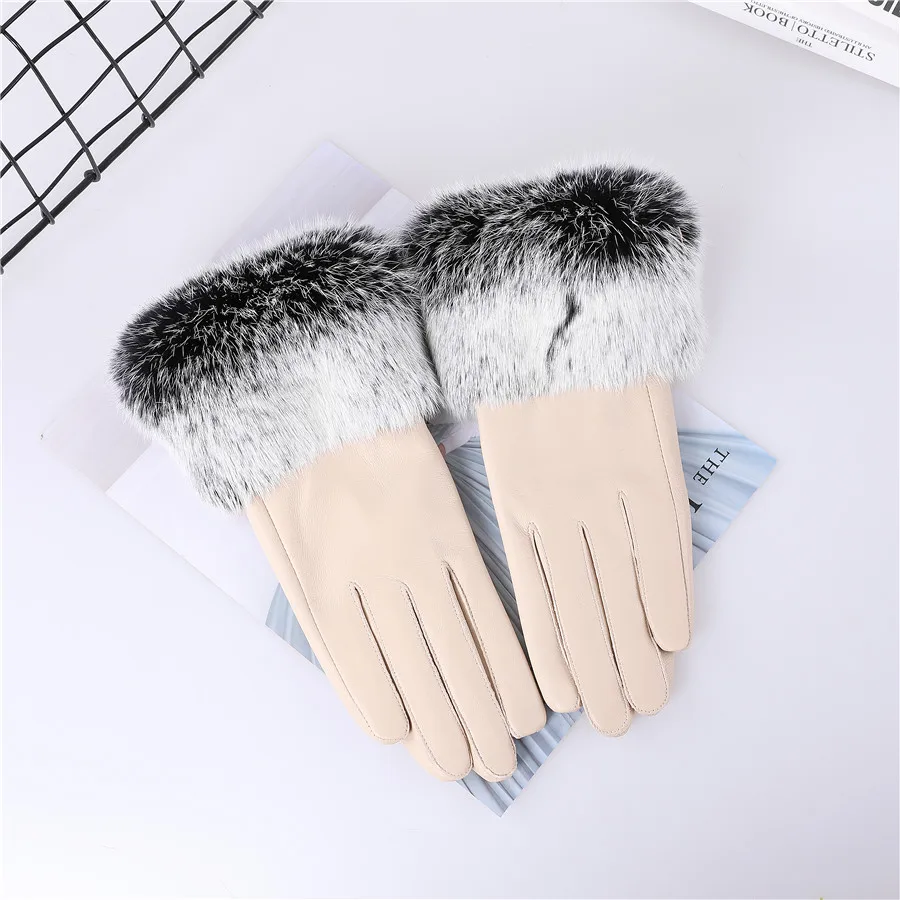 New Arrival Wholesale Women's Real Sheepskin Leather Gloves With Rabbit Fur Cuffs Female Cycling Warm Gloves Fleece Lining
