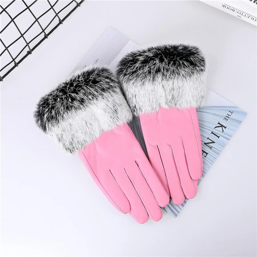 New Arrival Wholesale Women's Real Sheepskin Leather Gloves With Rabbit Fur Cuffs Female Cycling Warm Gloves Fleece Lining