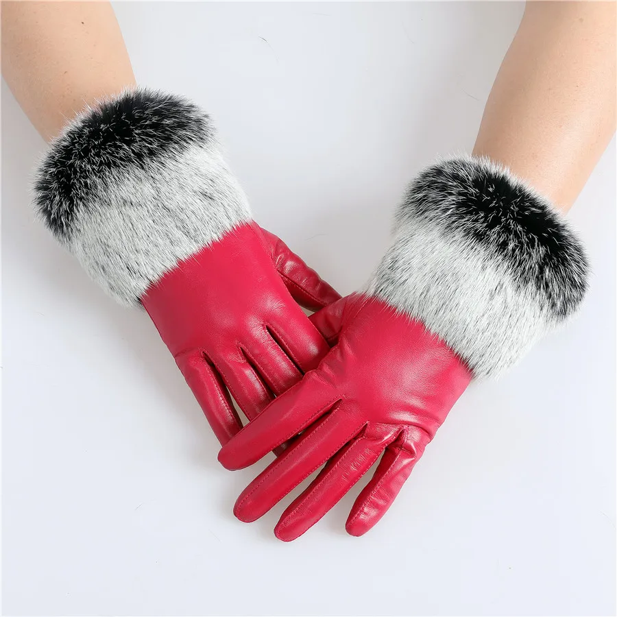 New Arrival Wholesale Women's Real Sheepskin Leather Gloves With Rabbit Fur Cuffs Female Cycling Warm Gloves Fleece Lining