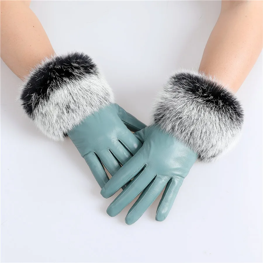 New Arrival Wholesale Women's Real Sheepskin Leather Gloves With Rabbit Fur Cuffs Female Cycling Warm Gloves Fleece Lining
