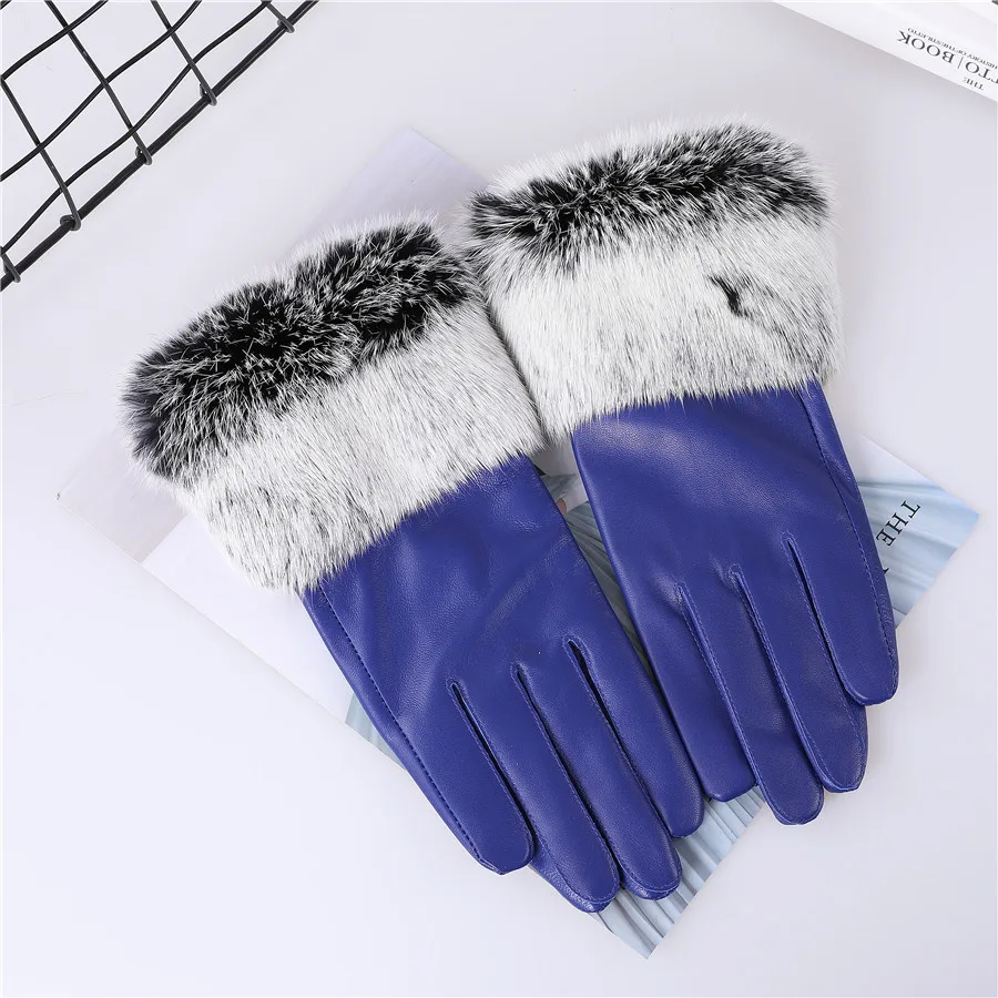 New Arrival Wholesale Women's Real Sheepskin Leather Gloves With Rabbit Fur Cuffs Female Cycling Warm Gloves Fleece Lining