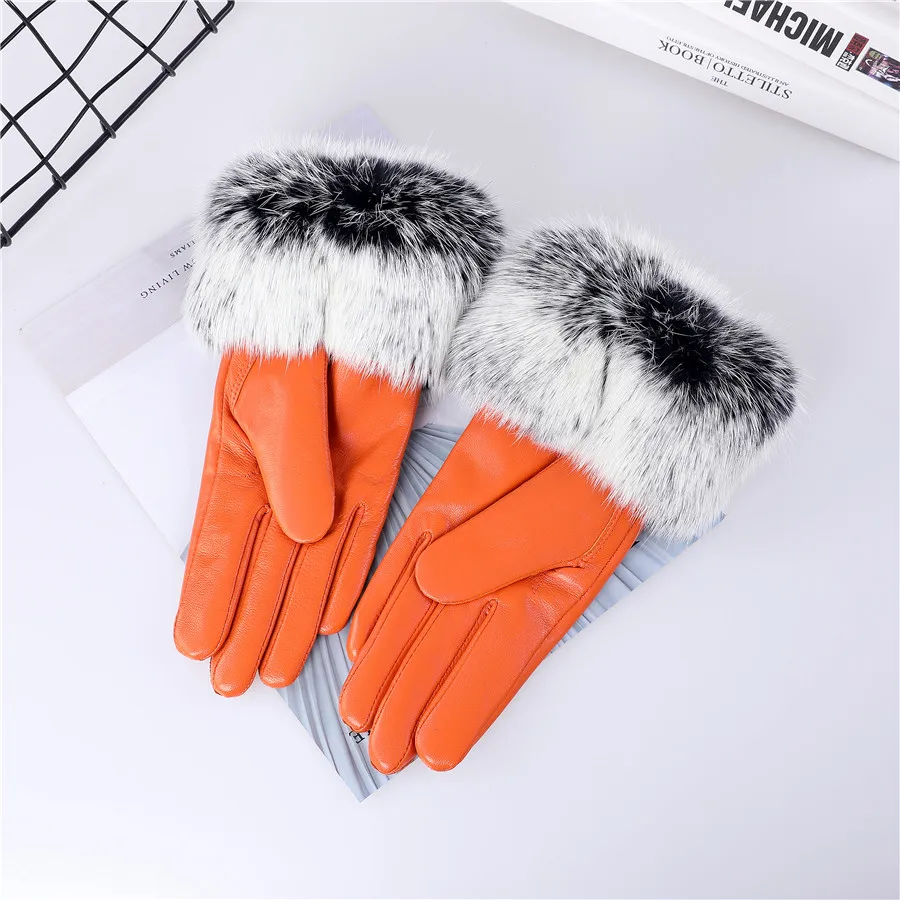 New Arrival Wholesale Women's Real Sheepskin Leather Gloves With Rabbit Fur Cuffs Female Cycling Warm Gloves Fleece Lining