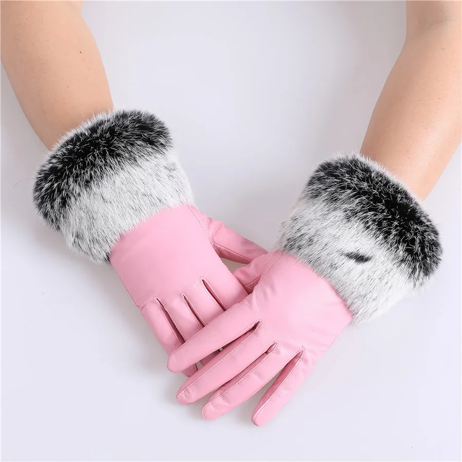 New Arrival Wholesale Women's Real Sheepskin Leather Gloves With Rabbit Fur Cuffs Female Cycling Warm Gloves Fleece Lining